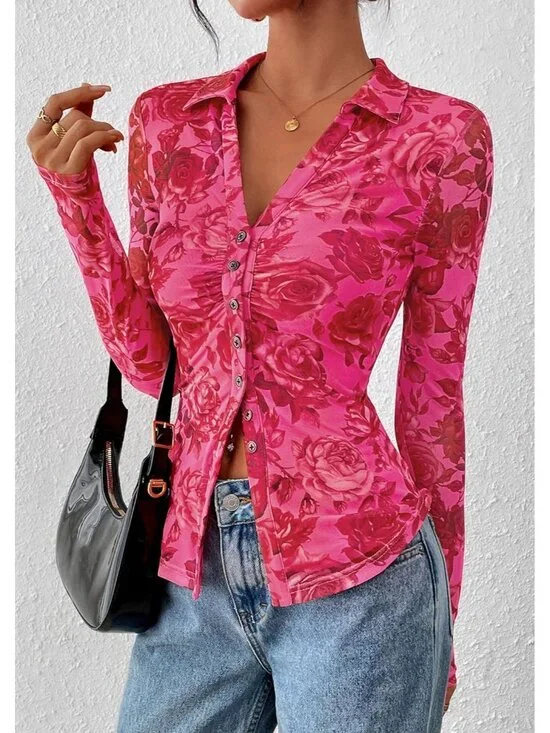👑 Women's Pink Red Floral Long Sleeve V Neck Mesh Boho Button Front Shirt Top - Picture 3 of 6